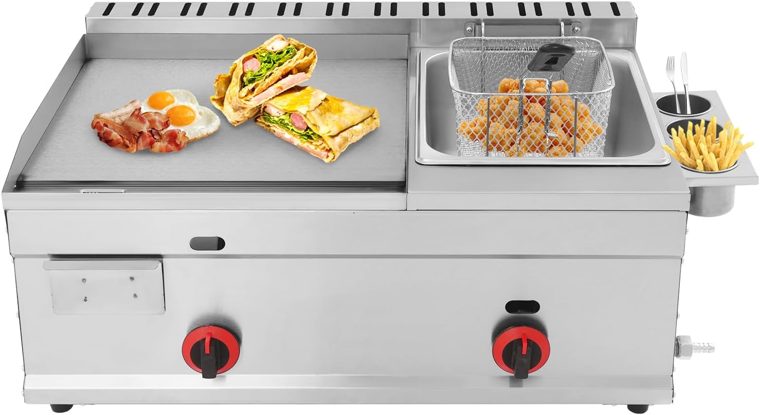 1.59 Gal Commercial Deep Fryer Stainless Steel Flat Top Grill Griddle Gas Countertop Fryer Deep-frying Machine with Grill Griddle for Canteen Restaurant Home