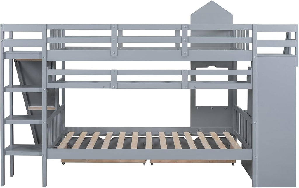 Harper & Bright Designs Full Over Full Bunk Bed with Stairs and Slide, Solid Wood Bunk Bed Frame with Storage Drawers and Bookshelves, for Kids Teens Adults- Gray