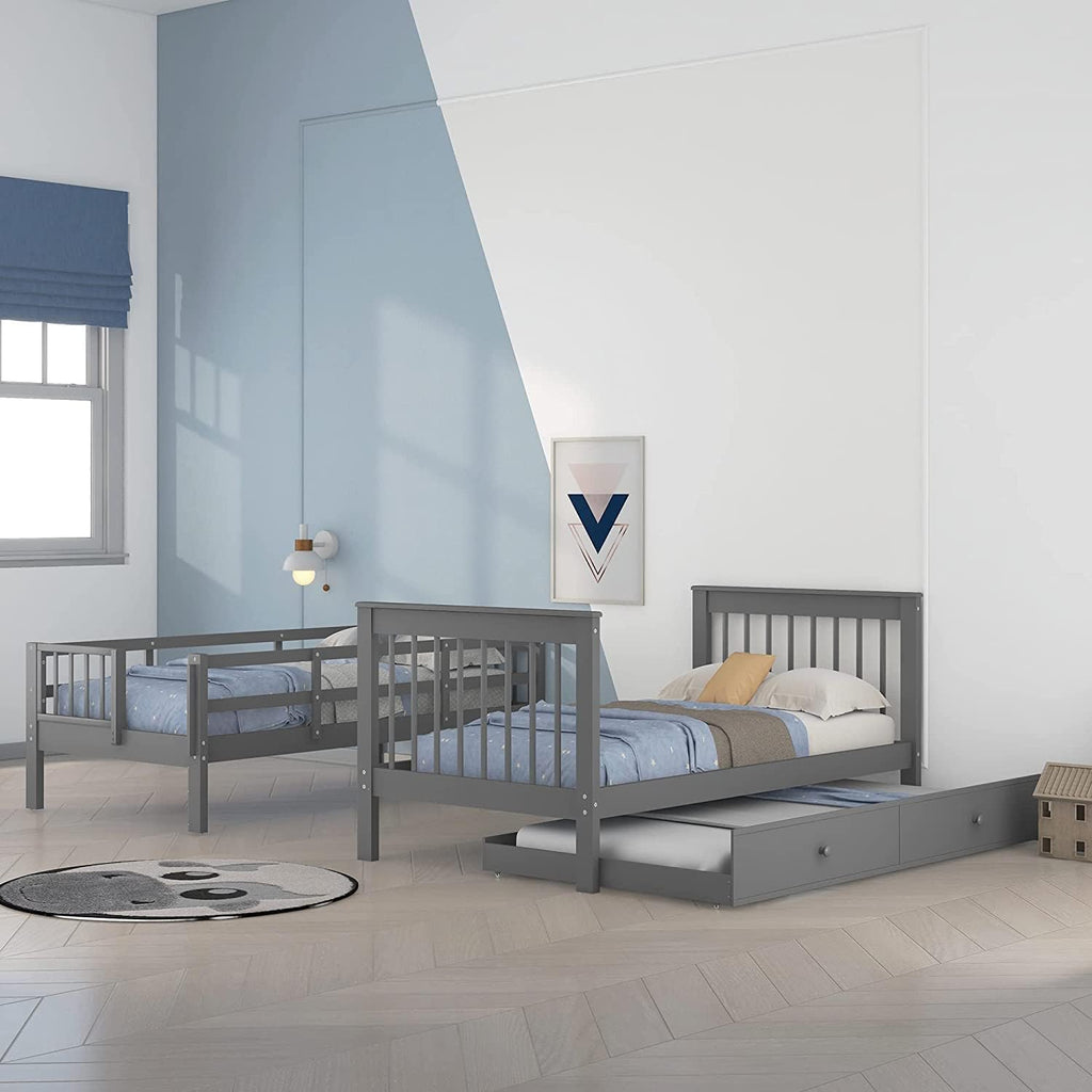 Wooden Twin Size Bunk Bed with Trundle & Storage Staircase & Shelves,Twin over Twin Bunk Bed Frame with Safety Guardrails,Headboard and Footboard for Kids Teens Adults,No Box Spring Needed,Grey
