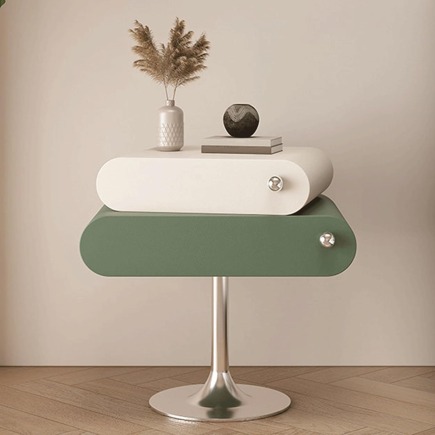 Modern Minimalist nightstand with Dual Drawers, Solid Wood + Metal Frame Construction. Open-Style Side Table Suitable for bedrooms, Living Rooms, hallways, and Offices(Green,Large)