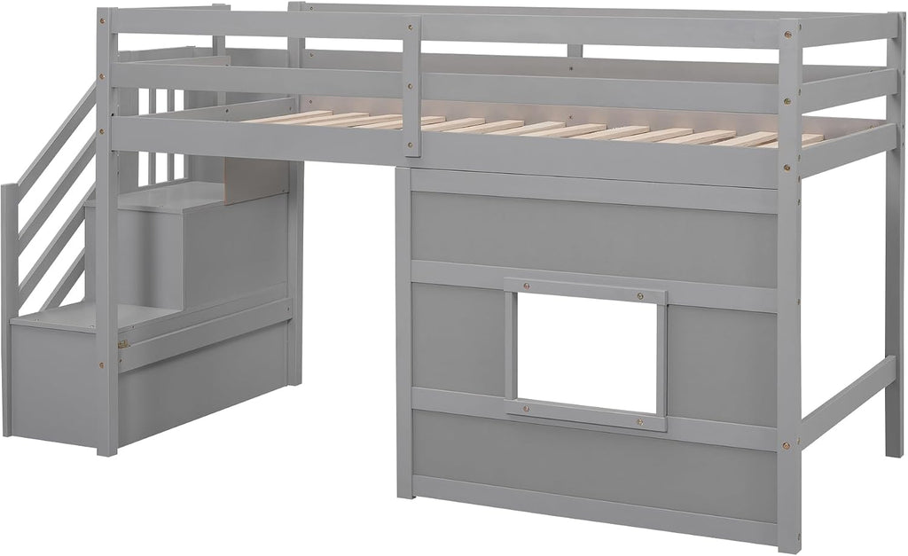 Harper & Bright Designs Low Loft Bed Twin Size with Stairs and Storage Shelves for Saving Space, Wood Loft Bed Frame with Window, Grey
