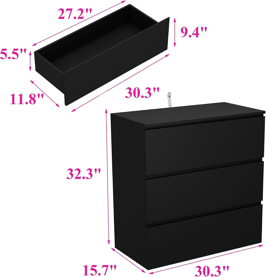 Bed Side Tables Bedroom Set of 2, Mid Century Modern Night Stand with Drawers for Bedroom, 30.3'W Bedside Tables with Drawers and Concealed Handle, Bedside End Tables for Living Room, Black