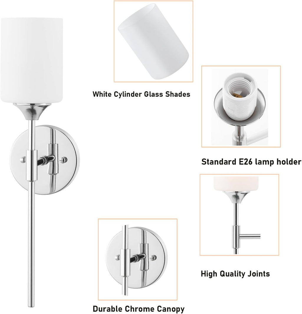 BYOLIIMA Modern Wall Sconce Set of 2 White Cylinder Glass Shades Mid Century Bathroom Vanity Wall Light Fixtures Industrial Wall Lamp for Bedroom Mirror Living Room Restaurant(Chrome Color)