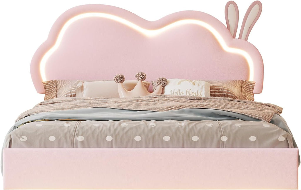 Jocisland Full Size Floating Bed Frame, Faux Leather Upholstered Platform Bed with LED Lights, Adjustable Cloud Headboard, No Box Spring Needed, Pink | Bunny Ears Design