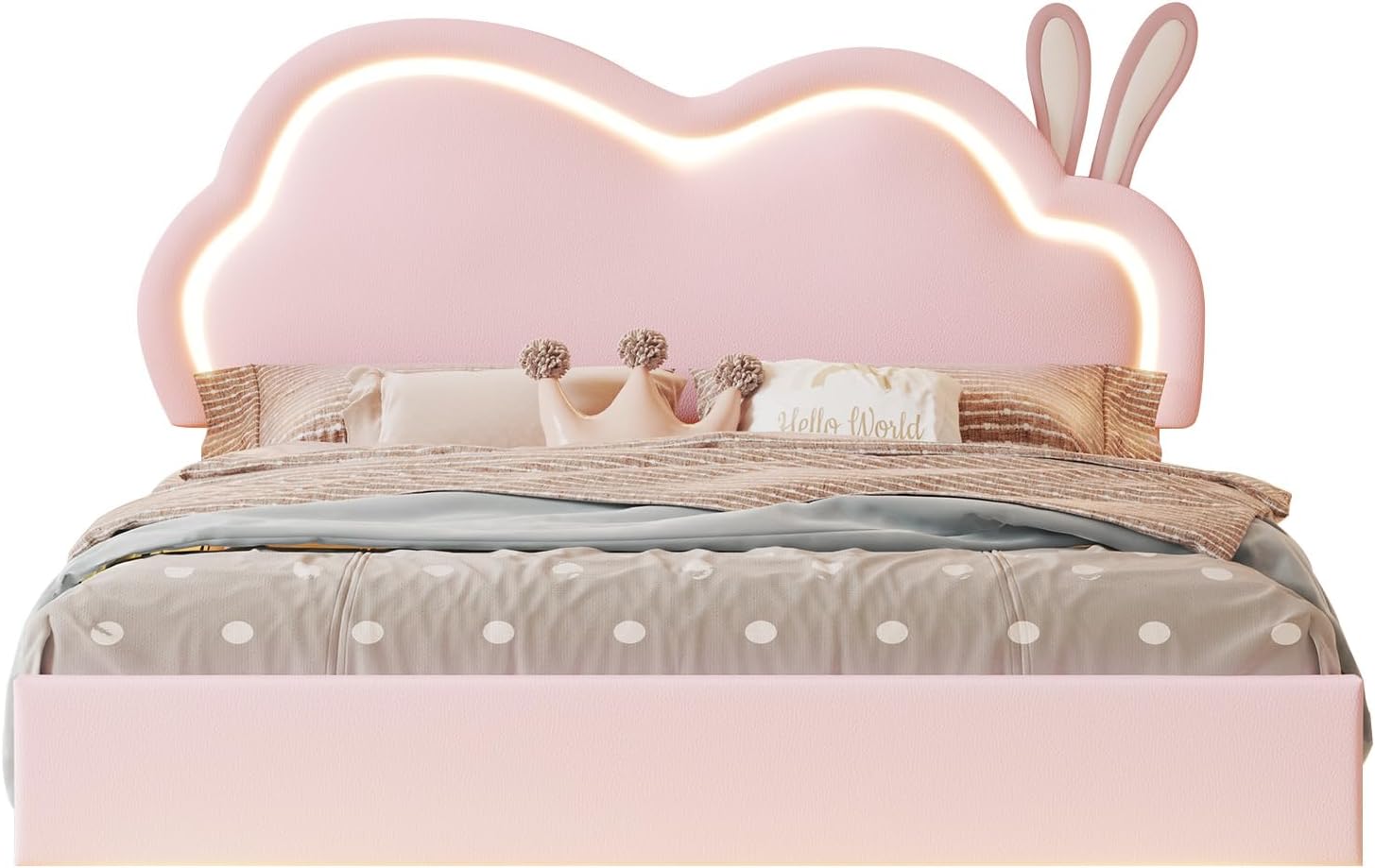 Jocisland Full Size Floating Bed Frame, Faux Leather Upholstered Platform Bed with LED Lights, Adjustable Cloud Headboard, No Box Spring Needed, Pink | Bunny Ears Design