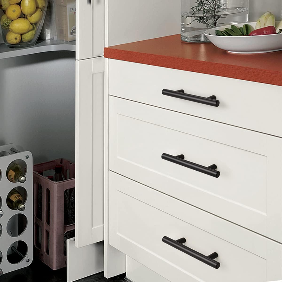 Probrico 200 Pack|3 Inch Hole Centers Flat Black Cabinet Pulls Modern Cupboard Hardware Kitchen Cabinet T Bar Handle Dresser Pulls, 5 Inch Total Length