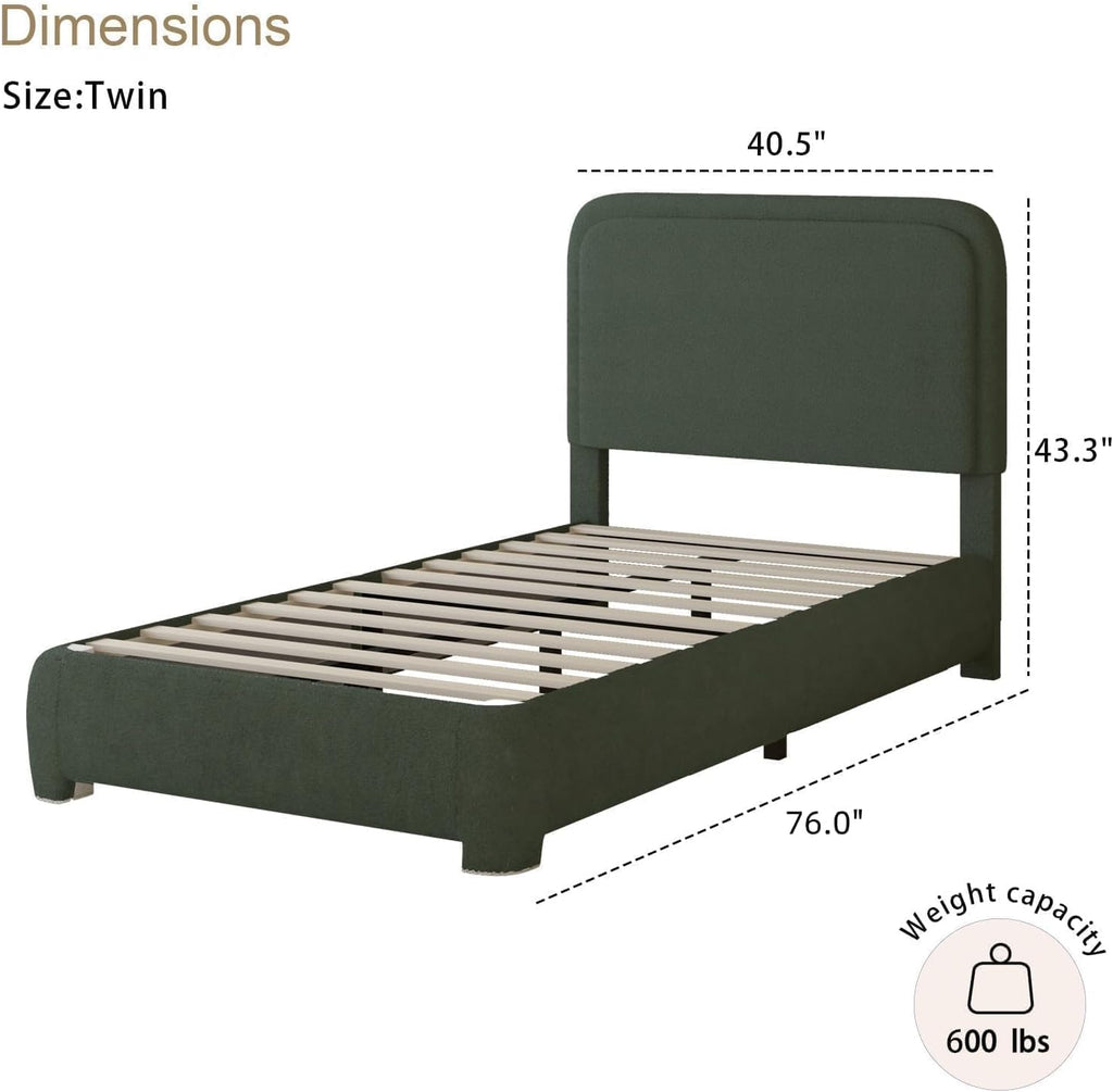 BarnFurin Twin Size Bed Frame, Boucle Upholstered Platform Bed Frame with Headboard, Soft Rounded Corners, No Box Spring Required, Non-Slip and Noise-Free, Easy Assembly, Green