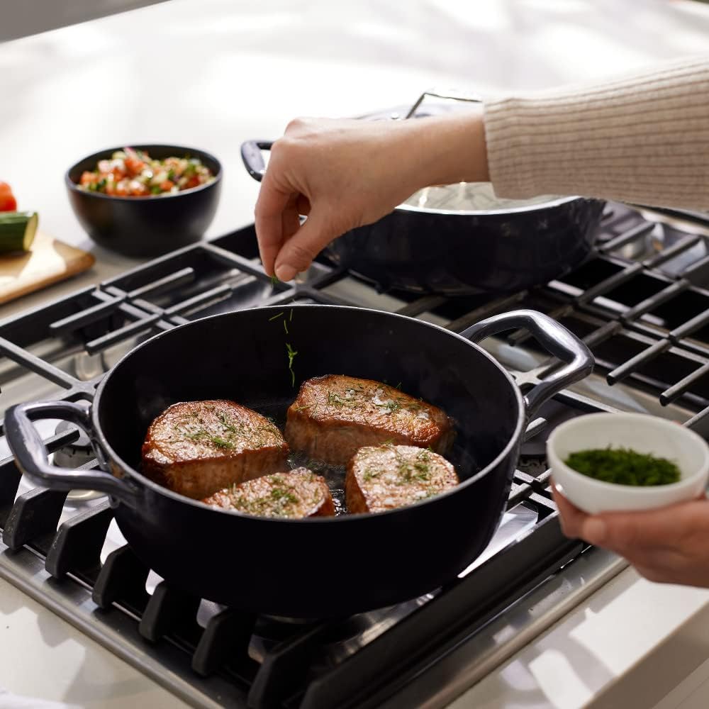 All-Clad Cast Iron Enameled Deep Skillet with Acacia Trivet 10 Inch Induction Oven Broiler Safe 650F Pots and Pans, Cookware Black