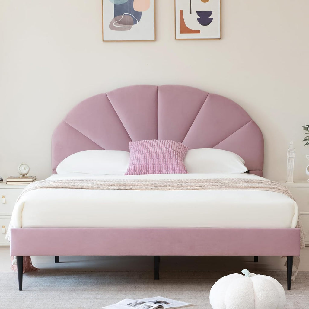 VELOCAVA Pink Bed Frame Queen Size, Heavy Duty Upholstered Bed with Unique Headboard, Soft Velvet Platform Bed with Strong Wooden Slats Support, No Box Spring Needed, Easy to Assemble