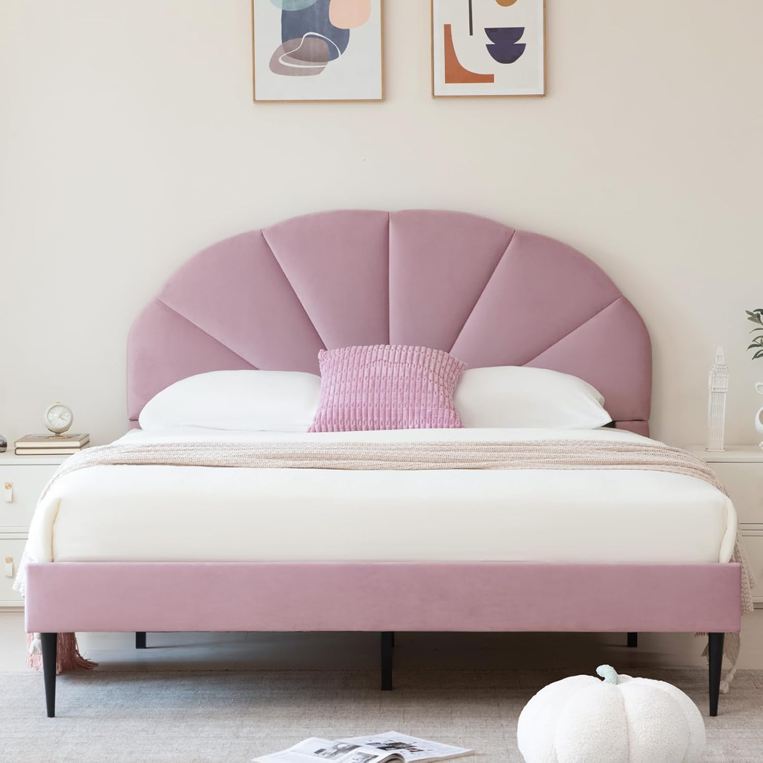 VELOCAVA Pink Bed Frame Queen Size, Heavy Duty Upholstered Bed with Unique Headboard, Soft Velvet Platform Bed with Strong Wooden Slats Support, No Box Spring Needed, Easy to Assemble