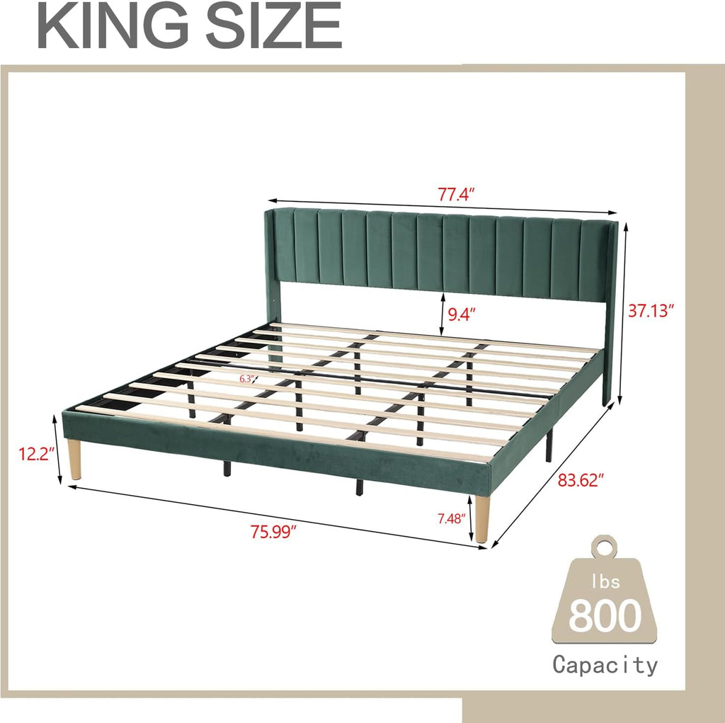 AGARTT Upholstered Platform Bed Frame King Size with Headboard and Footboard/Wooden Slats Support/No Box Spring Needed/Easy Assembly,Green Velvet