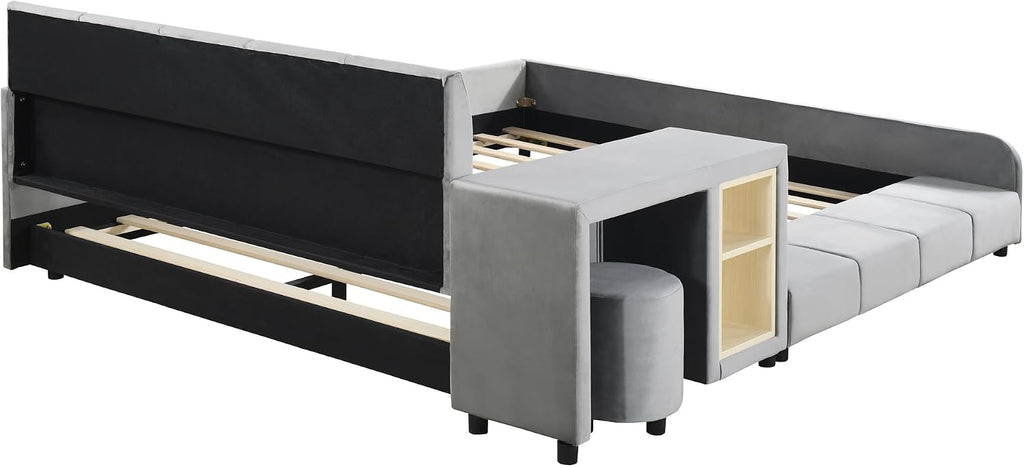 Merax Full Size Upholstered Grounded Bed, Mother & Child Bed with Bedside Desk and Little Round Stool, Velvet, Gray