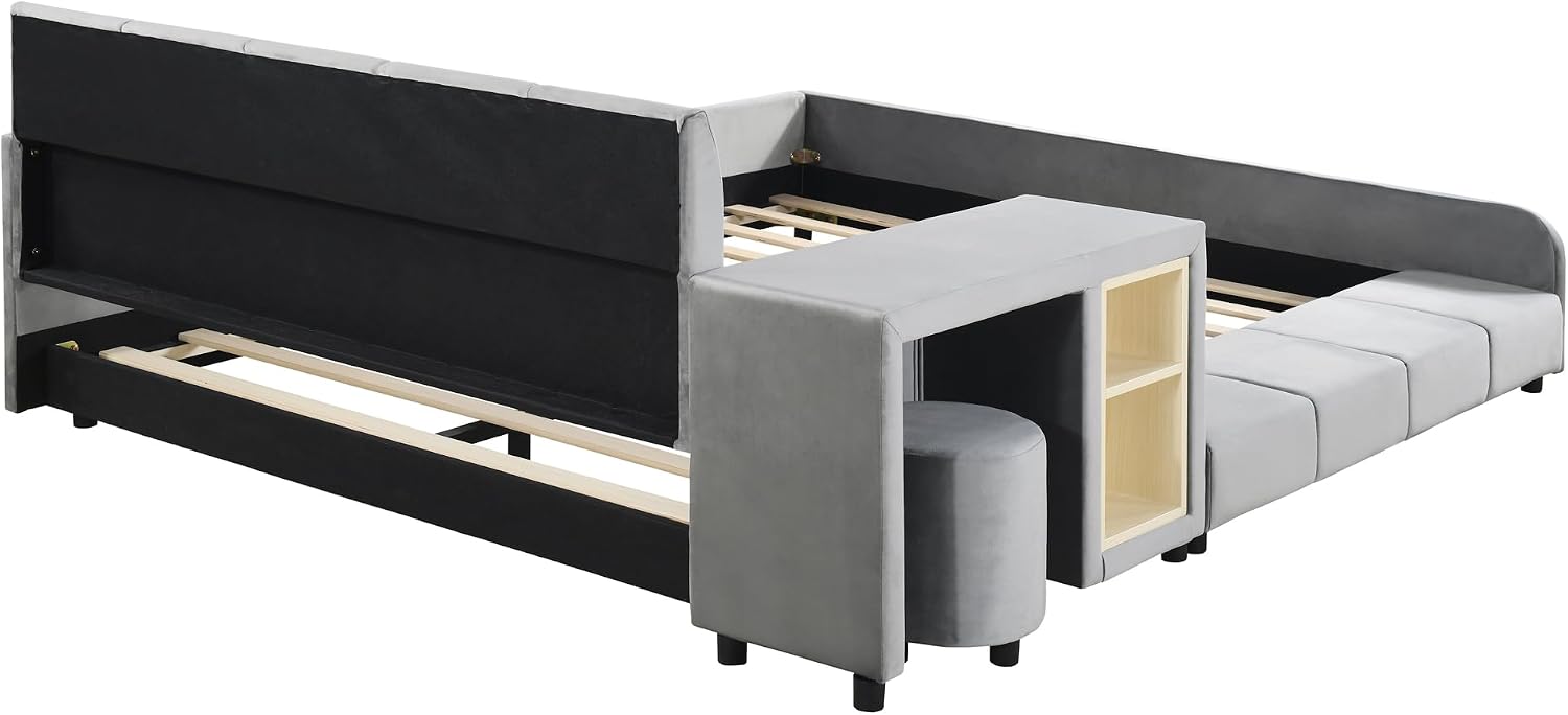 Merax Full Size Upholstered Grounded Bed, Mother & Child Bed with Bedside Desk and Little Round Stool, Velvet, Gray
