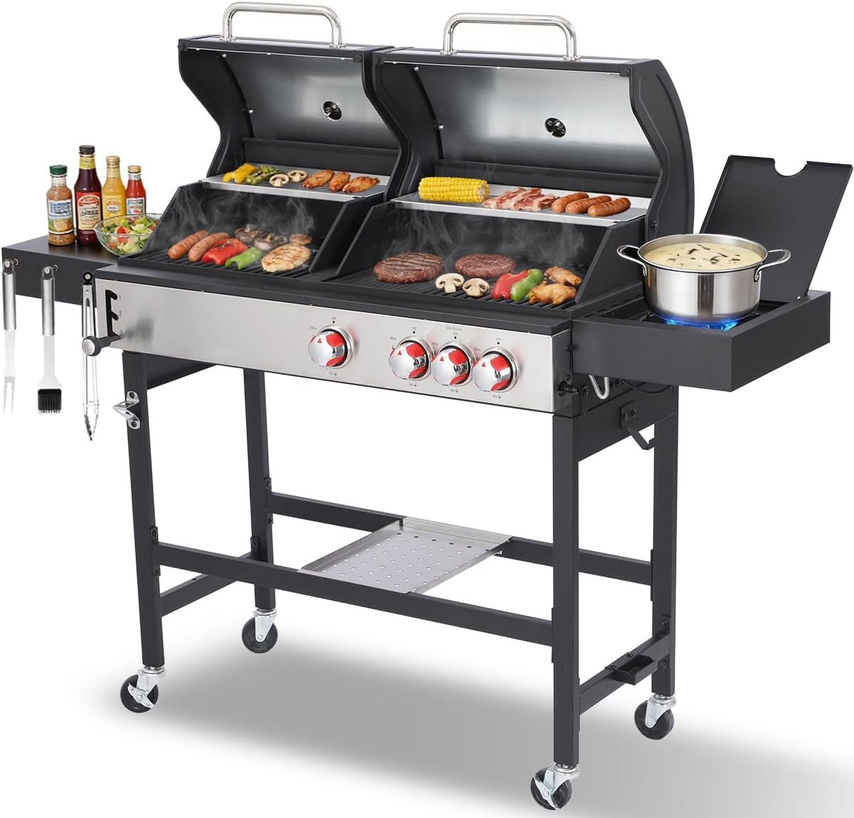 CIG GARDEN 3-Burner Dual Fuel Gas and Charcoal Combo Grill with Side Burner, 41,500 BTU Outdoor Barbecue, Cast Iron Grates - Perfect for Patio, Balcony, Backyard & Camping