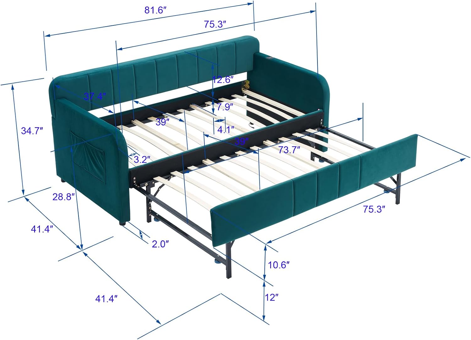 Twin to King Daybed with Trundle, USB Ports, Velvet Upholstered Daybed with Pop Up Trundle Bed, Modern Extendable Day Bed Frame for Kid Adult Bedroom Living Room Guest Room Small Places Emerald