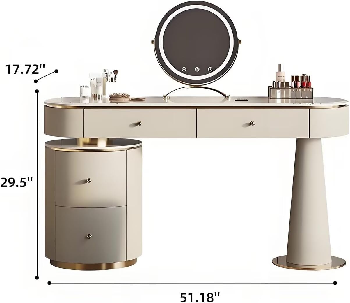Leather Vanity Set - Solid Wood Makeup Vanity with Rock Slab Countertop, 4 Drawers, Modern Dressing Table Include LED Lights Mirror & Stool, Stainless Steel Base for Bedroom (Beige,51.18'')