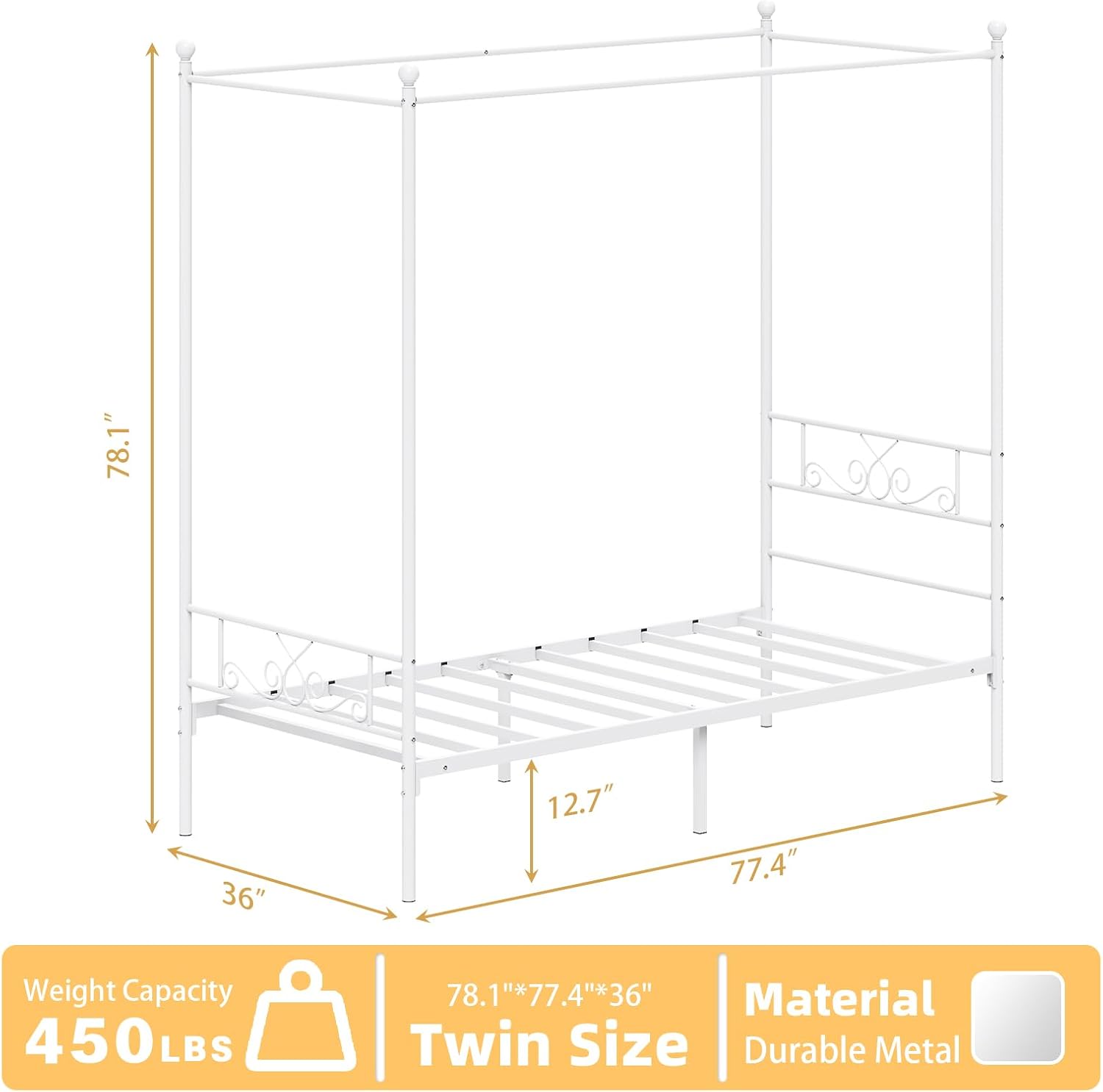 Weehom Twin Canopy Bed Frame with Headboard and Footboard, 4 Posters Metal Bed Frame, No Box Spring Needed, Mattress Foundation Platform Bed for Kids and Adults, White