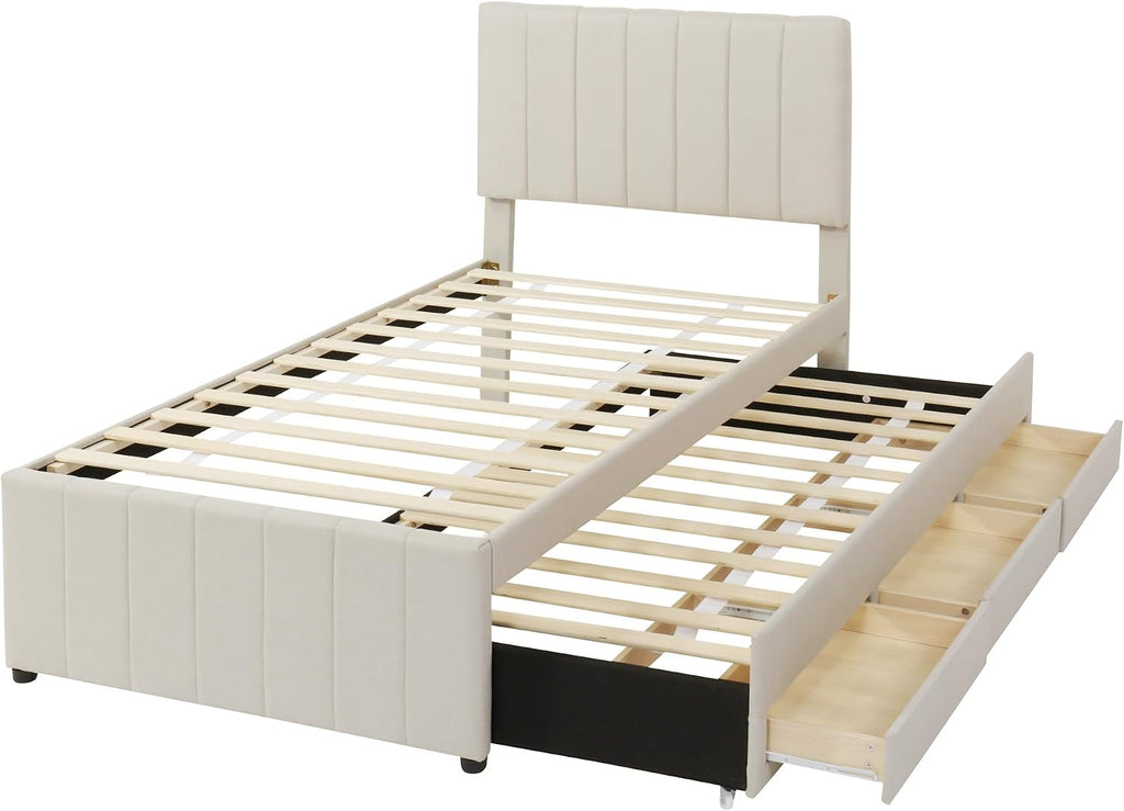 Merax Twin Size Upholstered Platform Bed with Trundle and 3 Storage Drawers, Twin Bed Frame & Tall Stripe Headboard for Bedroom, Solid Wood Slats Support, No Box Spring Needed, Easy Assembly, Beige
