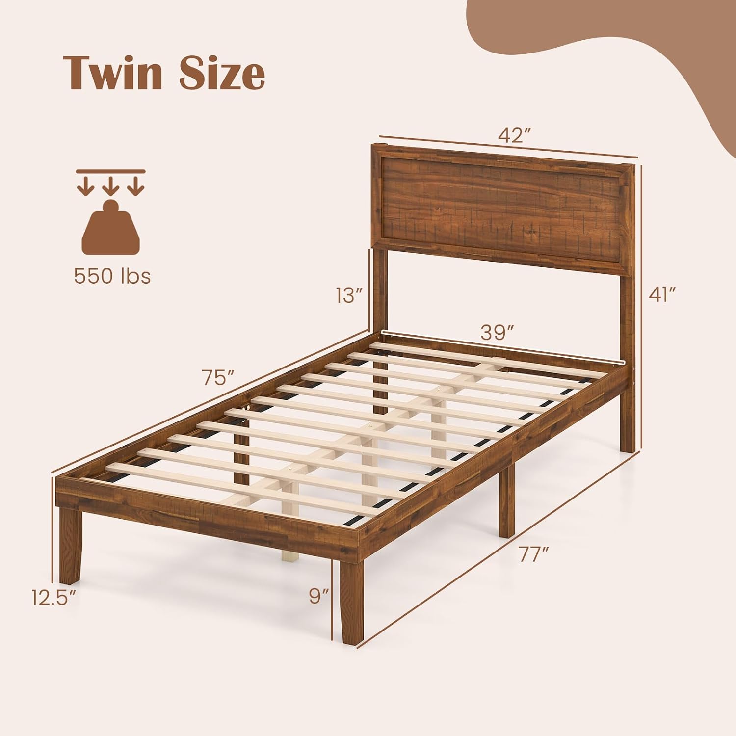 Giantex Wood Twin Bed Frames with Headboard, Mid Century Modern Platform Bed Twin Size with Solid Wood Legs & Wooden Slat Support, Easy Assembly, No Box Spring Needed, Walnut