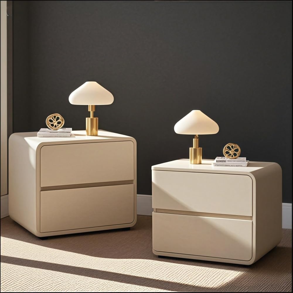 Bedside Table Set of 2 with Drawers, Simple Leather Bedside Table, Left and Right Combination Bedside Tables Suitable for Bedrooms(Beige,Medium)