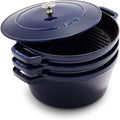 STAUB Cast Iron Set 4-pc, Stackable Space-Saving Cookware Set, Dutch Oven with Universal Lid, Made in France, Dark Blue