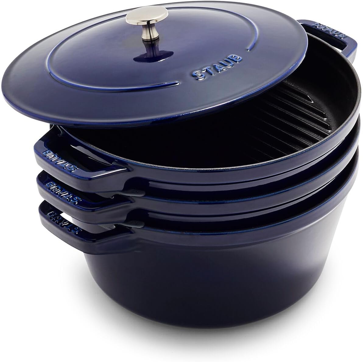 STAUB Cast Iron Set 4-pc, Stackable Space-Saving Cookware Set, Dutch Oven with Universal Lid, Made in France, Dark Blue
