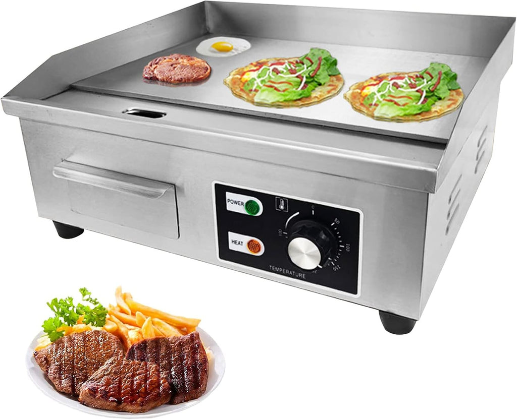 Electric Commercial Griddle Plate, 2500W Electric Countertop Flat Top Griddle with Adjustable Thermostat Removable Oil Drawer Splash Guards, Stainless Steel Restaurant Grill for Kitchen
