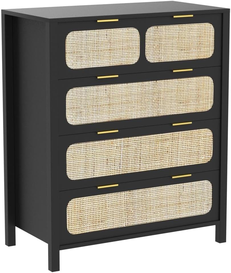 4 Drawer Dresser, Modern Rattan Dresser Chest with Wide Drawers and Metal Handles, Farmhouse Wood Storage Chest of Drawers for Bedroom, Living Room (Black-4 Drawers)