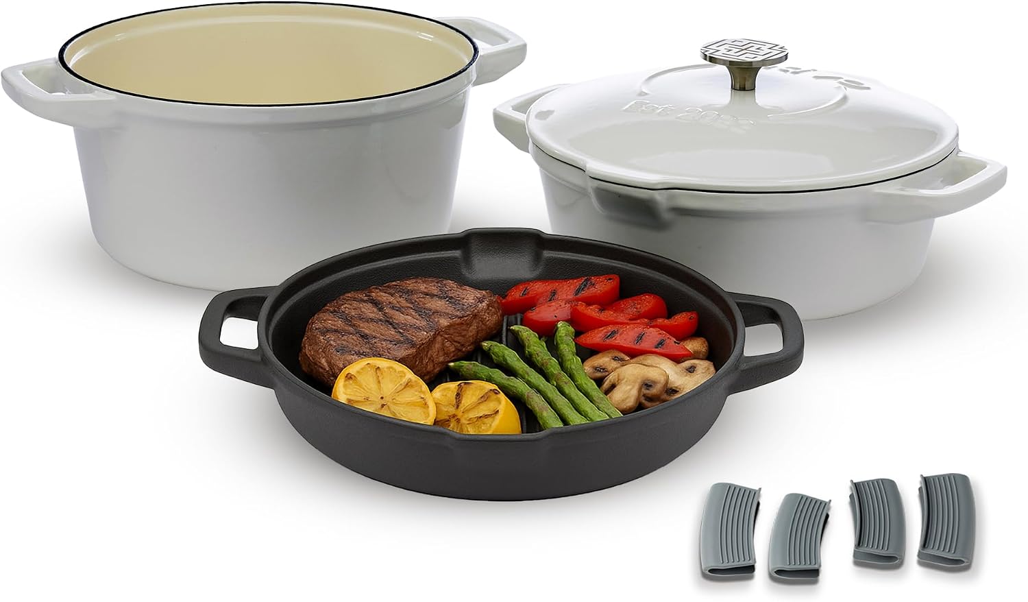NATIVO 5pc Stackable Cast Iron Cookware Set, Versatile Enamel Dutch Oven, Seasoned Grill Pan & Enamel Braiser with Precision Pour Spouts, Universal Lid, Included Spacers/Handle Holders, White Dutch