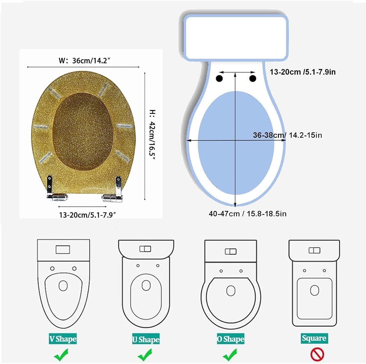 Round Resin Toilet Seat with Glitter Toilet Lid, Slow Close Toilet Seats Cover, Including Fixing Sets of Parts, Fit Most Standard U/V/O Toilet, Quiet Close (Gold 1)