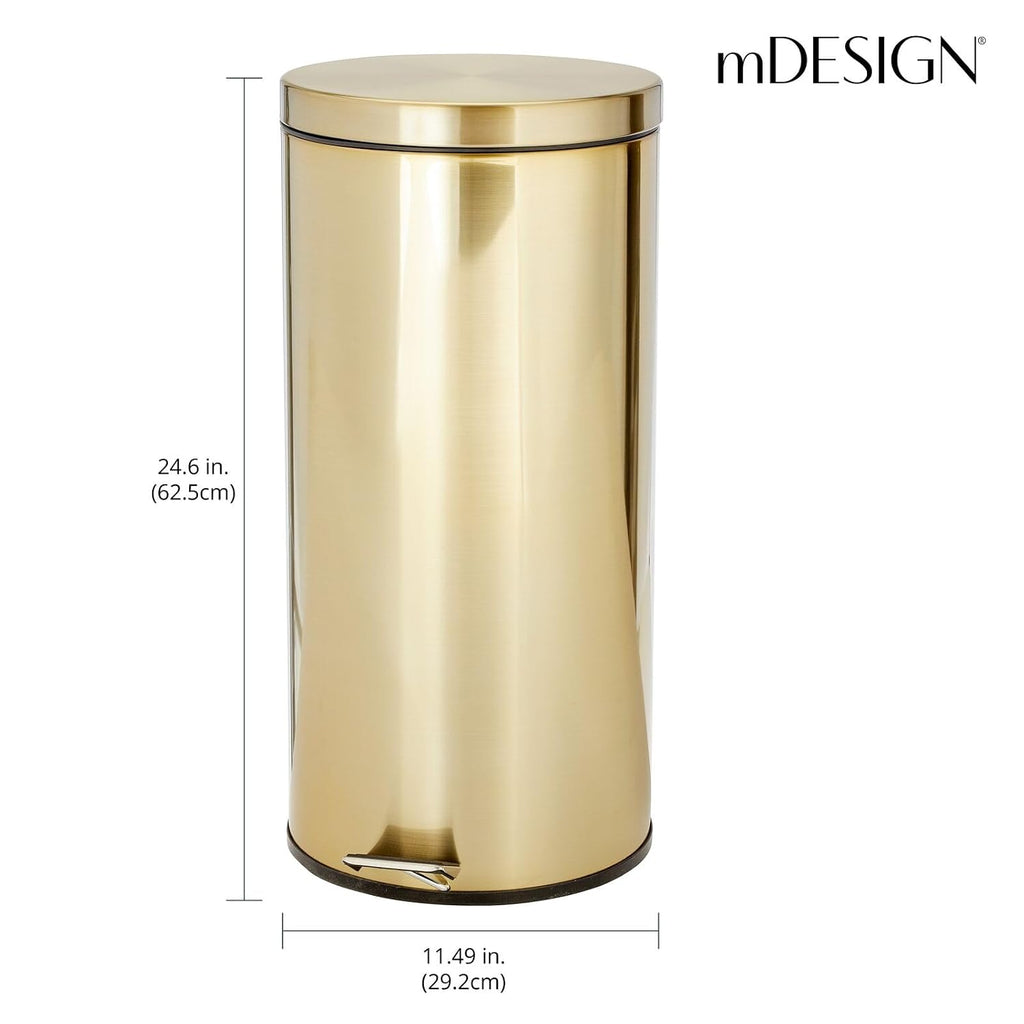 mDesign Tall 30 Liter, Large Round Metal Lidded Step Trash Can, Thin Compact Garbage Bin with Removable Liner Bucket for Bathroom, Kitchen, Craft Room, Office, Garage - Soft Brass
