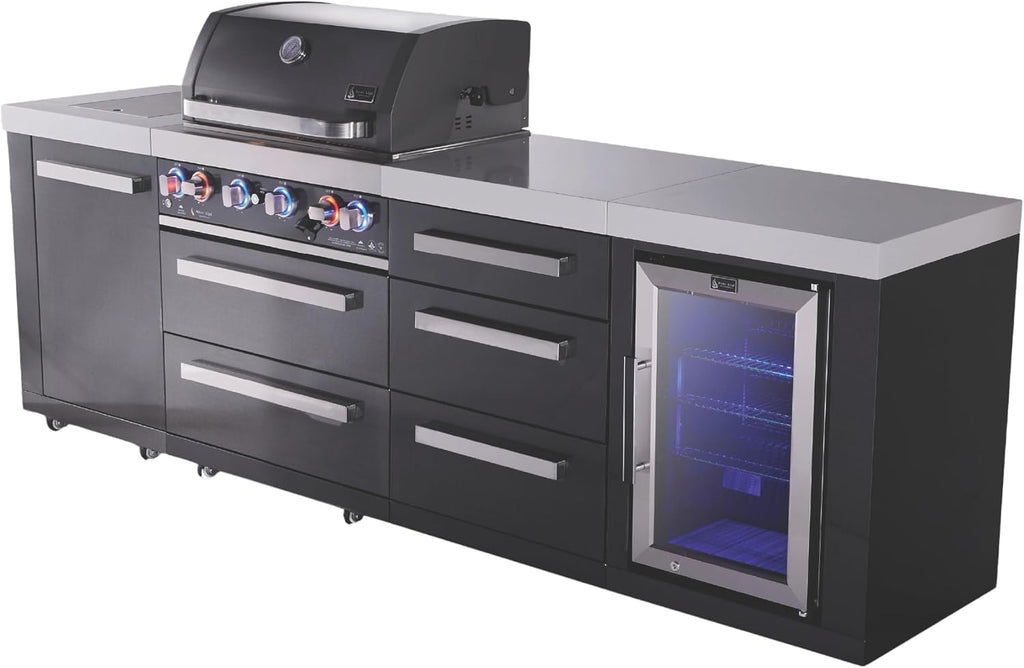 Mont Alpi Premium 107'W x 23'D x 46'H Black Stainless Steel Outdoor Kitchen Island with Refrigerator + 32'W 4-Burner BBQ Grill + Granite Countertops + Storage Drawers + Cabinets + Rotisserie + Cover