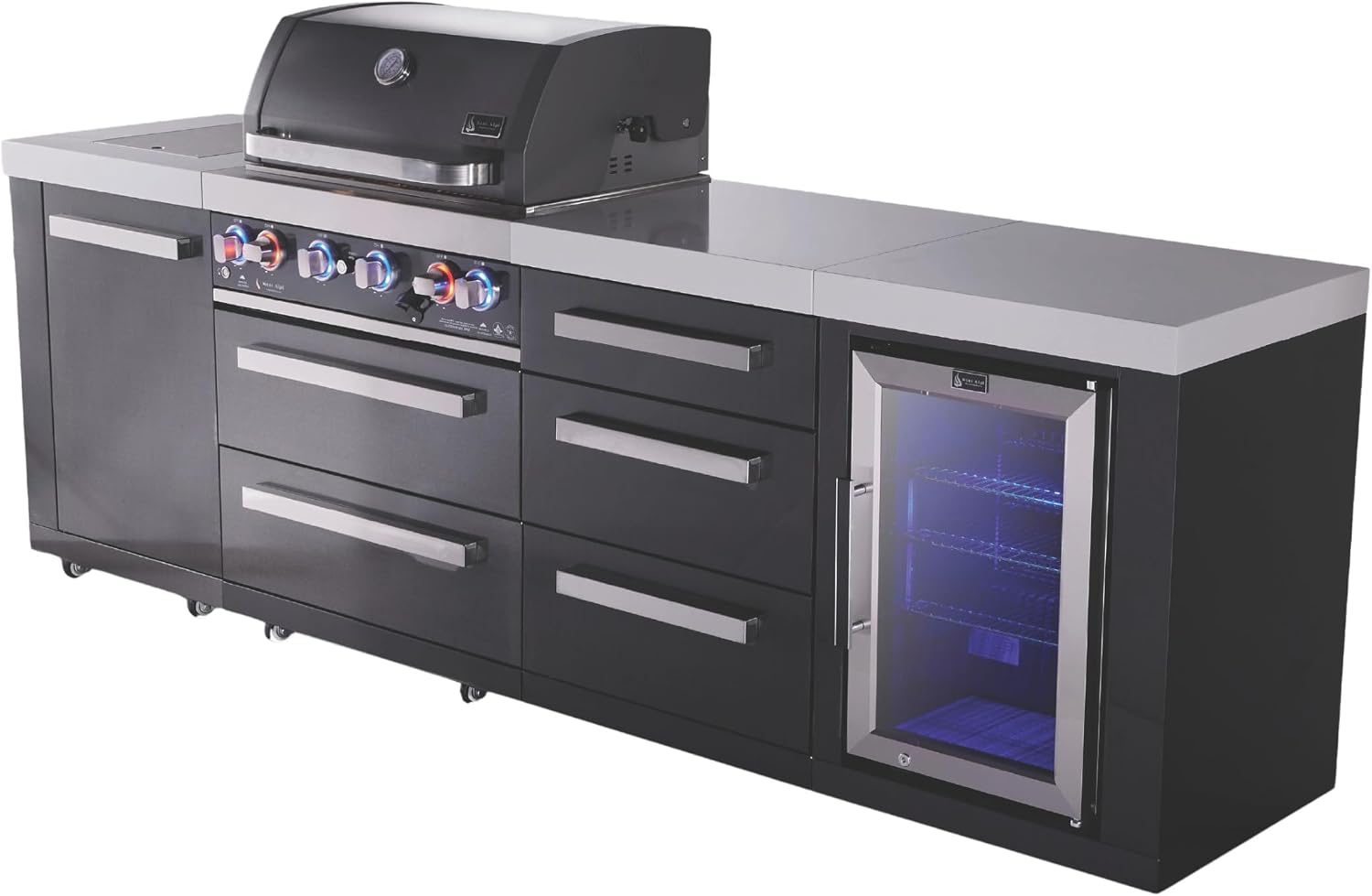 Mont Alpi Premium 107'W x 23'D x 46'H Black Stainless Steel Outdoor Kitchen Island with Refrigerator + 32'W 4-Burner BBQ Grill + Granite Countertops + Storage Drawers + Cabinets + Rotisserie + Cover