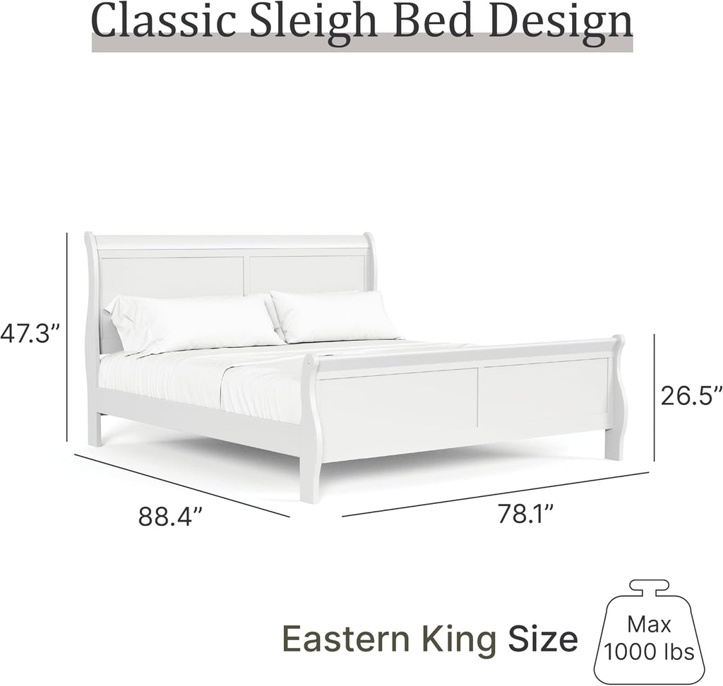 Furniture of America Louis Philippe Traditional Wood King Bed Frame with Headboard and Footboard, Elegant Sleigh Design Bedframe for Bedroom, Guest Room, Easy Assembly, Box Spring Required, White