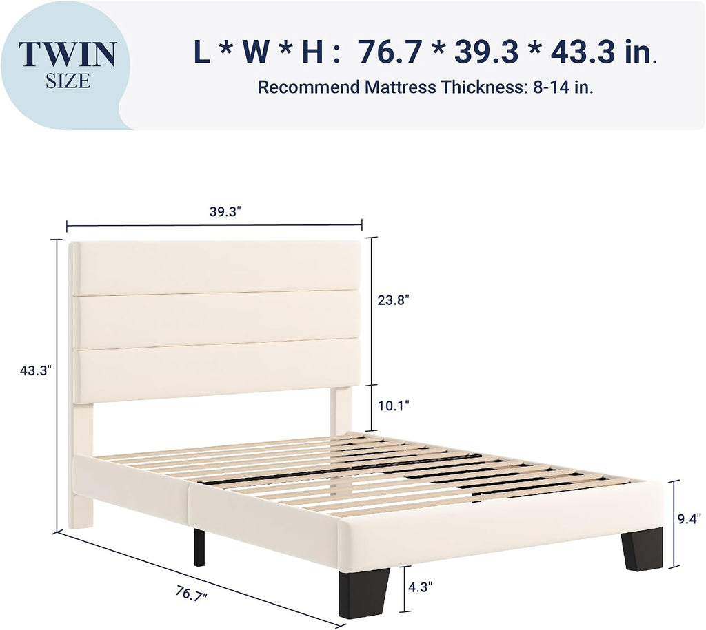 Allewie Twin Size Platform Bed Frame with Fabric Upholstered Headboard and Wooden Slats Support, Fully Upholstered Mattress Foundation/No Box Spring Needed/Easy Assembly, Cream