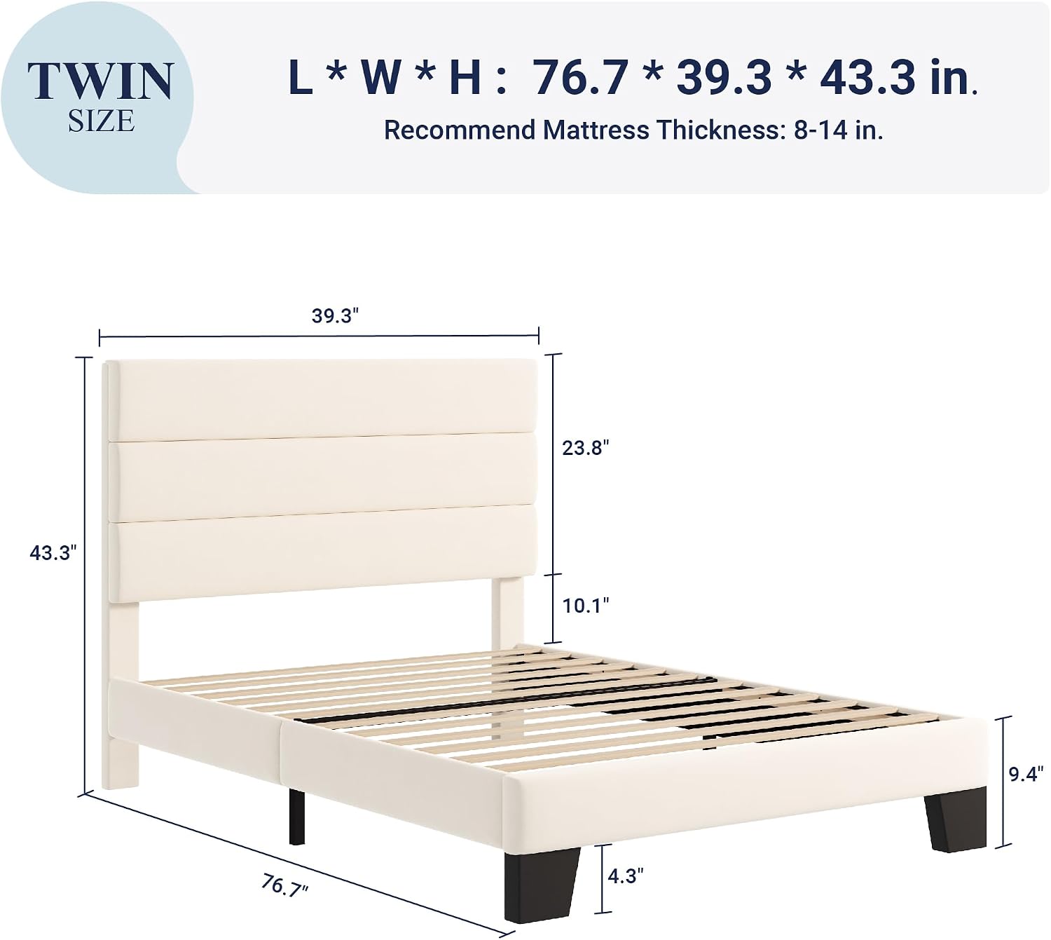 Allewie Twin Size Platform Bed Frame with Fabric Upholstered Headboard and Wooden Slats Support, Fully Upholstered Mattress Foundation/No Box Spring Needed/Easy Assembly, Cream
