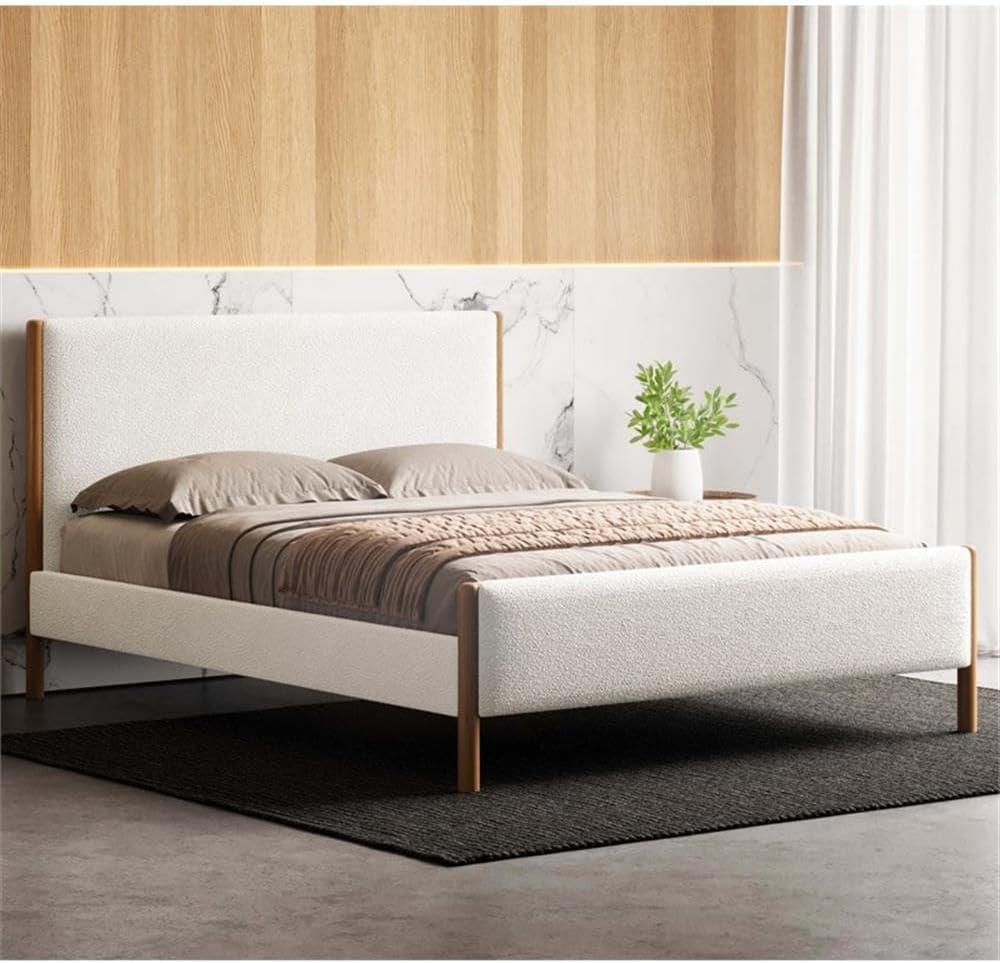 Liana Modern Style Upholstered Platform Bed with Soft Boucle Fabric and Solid Wood Legs - Box Spring Not Required - White Boucle, Queen Size