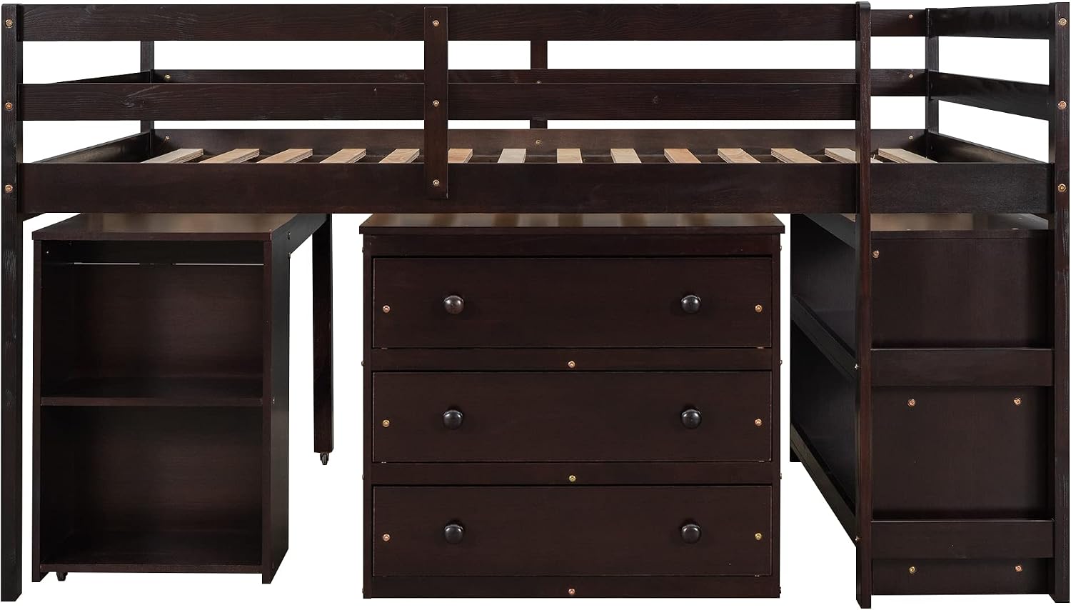 Bellemave Low Loft Bed with Desk and Dresser Full Size, Wood Kids Loft Beds Frame with Cabinet & Storage Shelves & Rolling Portable Desk for Juniors, Teen, Boys, Girls, Espresso