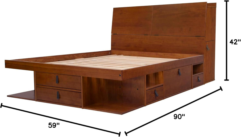 memomad Bali Set: Storage Platform Bed with Drawers + Bookcase Headboard (Full Size, Caramel Brown Wood)