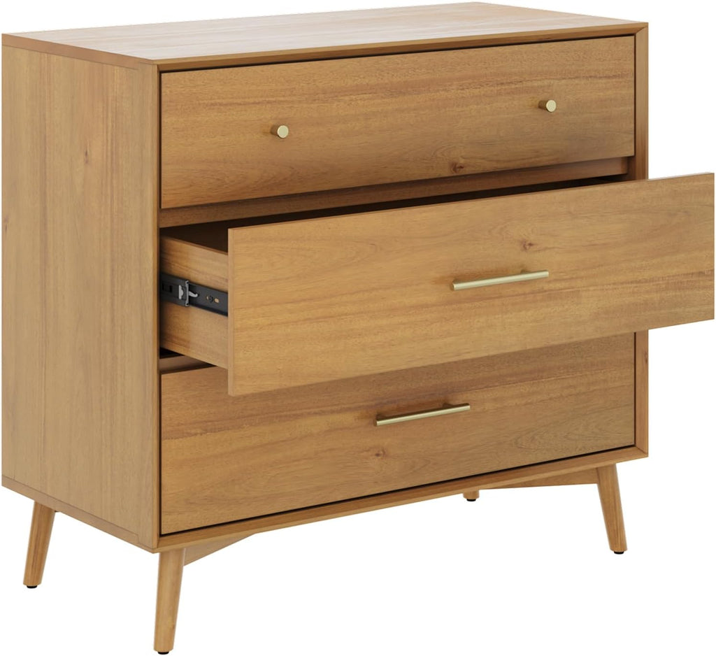 Nathan James Harper Mid Century Modern Dresser, Solid Wood Dresser for Living Room with 3 Drawers and Metal Drawer Pulls, Light Acacia