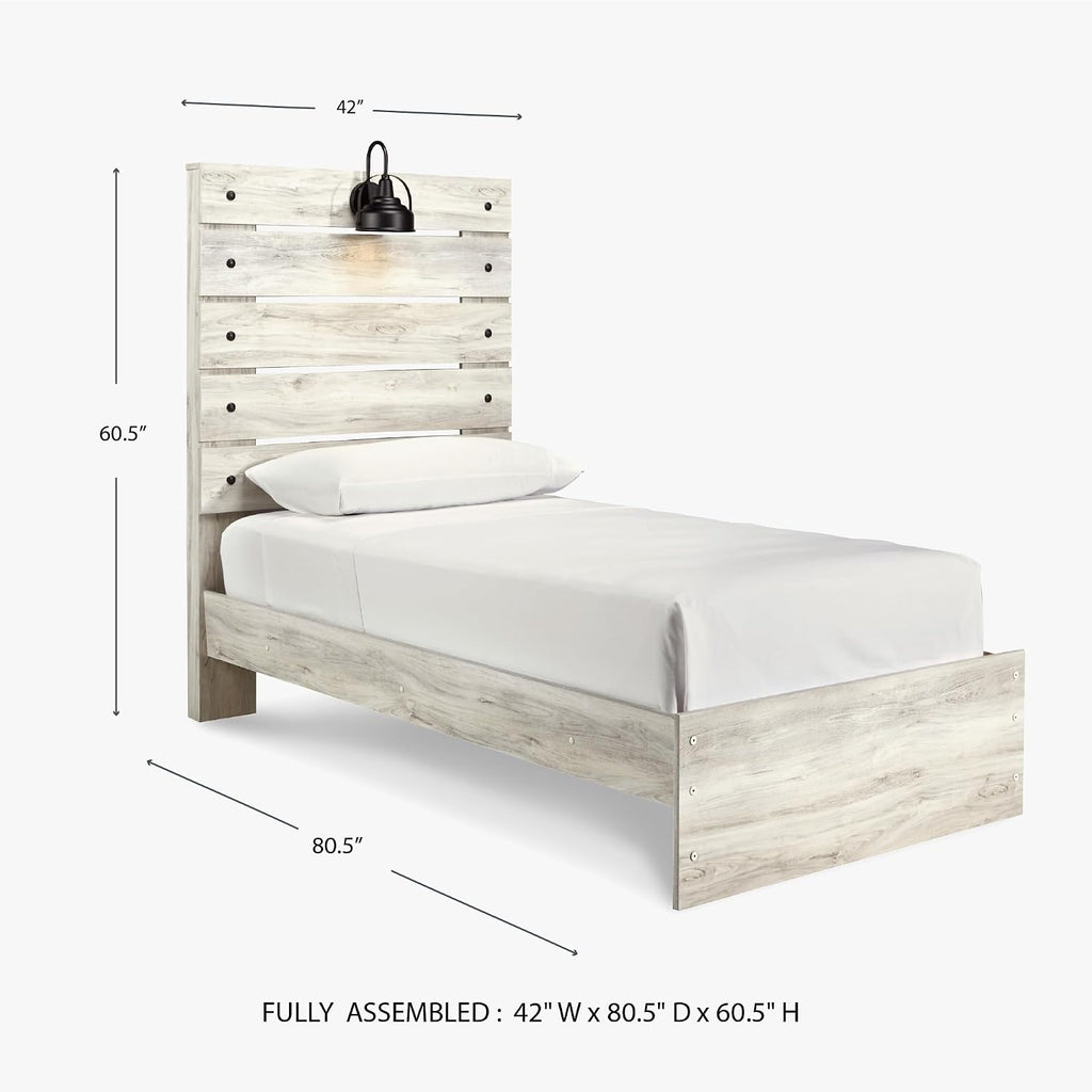 Signature Design by Ashley Cambeck Farmhouse Twin Panel Bed with Sconce Light and USB Ports, Foundation or Box Spring Needed, Whitewash