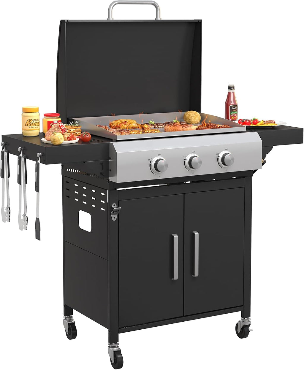 VICLLAX 28 in Flat Top Griddle Grill with Porcelain-Enameled Grates and Stainless Steel Frying Pan, 3-burner Propane Gas Griddle Grill, 33,000 BTU Output Grills for Outdoor Barbecue, Cooking and Party