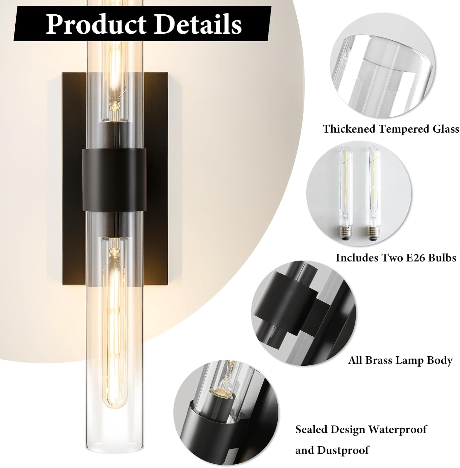 Black Brass Bathroom Wall Sconce - Modern Linear Light Sconces - Dimmable Lighting Fixtures - Vertical or Horizontal Mounted Clear Glass Tube Vanity Lights for Indoor Living Room Hallway