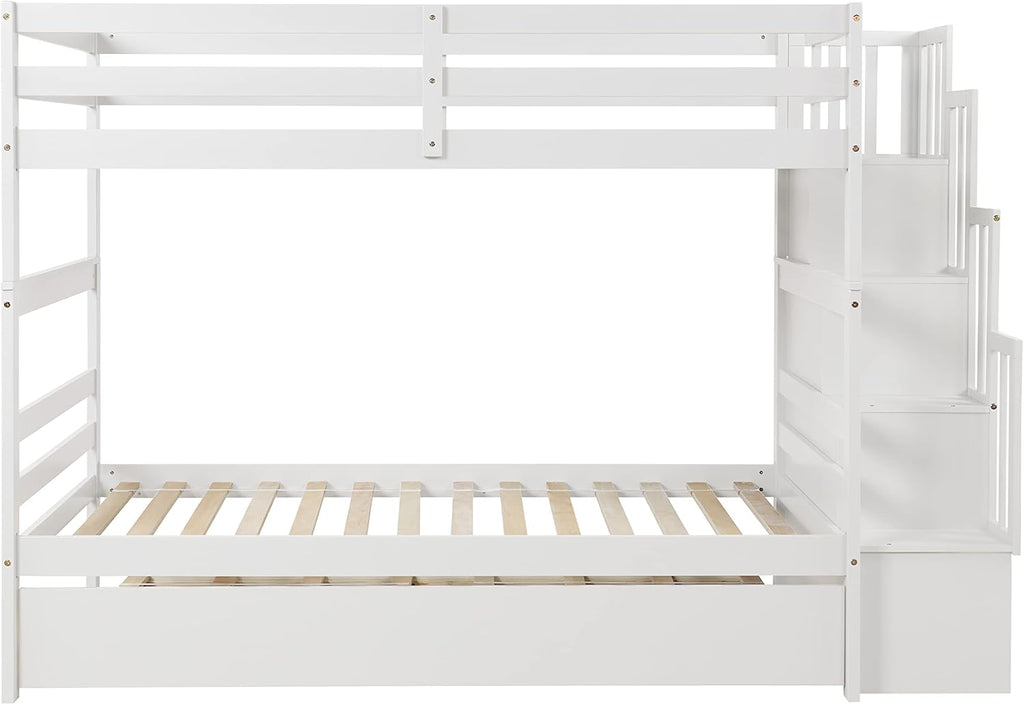 Ball & Cast Twin Over Twin Bunk Beds with Trundle,Wood Bedframe W/Safty Guardrail & Stairway Storage,No Box Spring Needed,Easy Assembly,Multiple Functional Bedroom Furniture for Boy Girl Teens,White