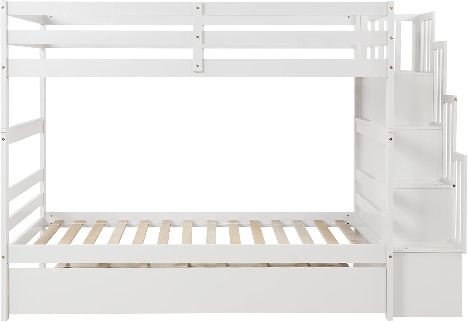 Ball & Cast Twin Over Twin Bunk Beds with Trundle,Wood Bedframe W/Safty Guardrail & Stairway Storage,No Box Spring Needed,Easy Assembly,Multiple Functional Bedroom Furniture for Boy Girl Teens,White
