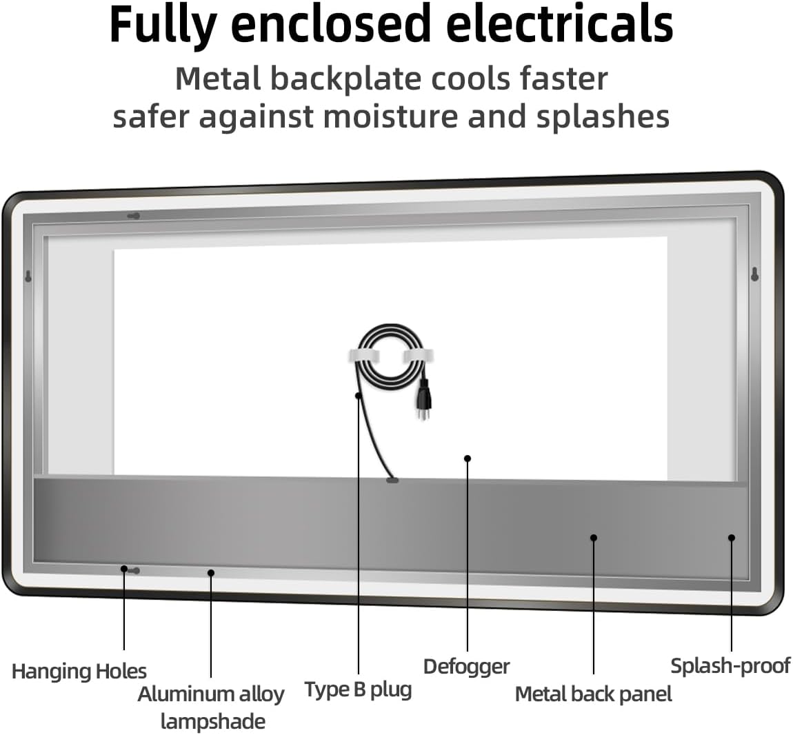 40' x 32' Black LED Bathroom Mirror, Smart Touch Button Anti Fog Backlit Mirror, 3-Color Dimmable Lighting, CRI≥93, Modern Bathroom Vanity Wall Mirror with Lights (Horizontal/Vertical)