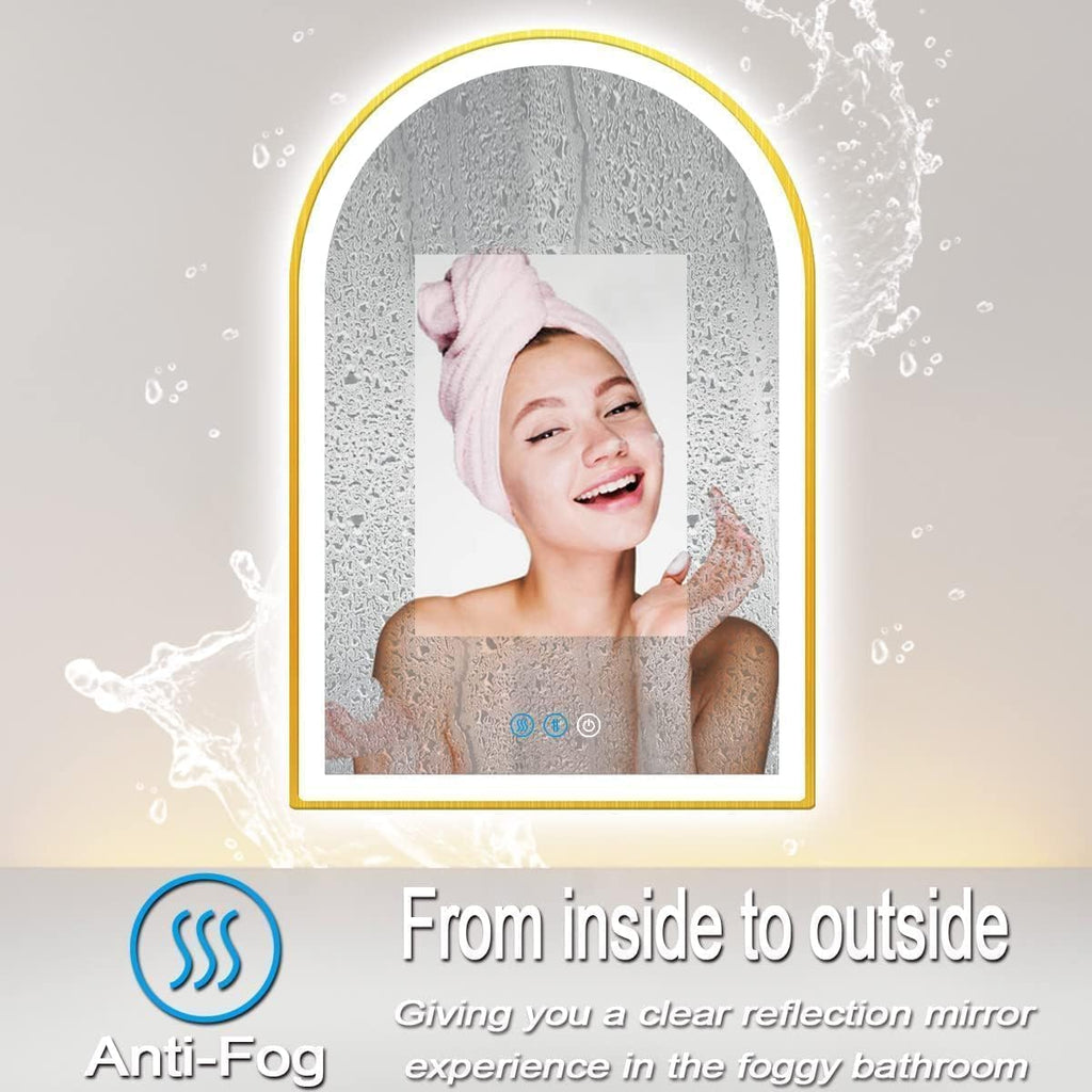 24 x 36 Inch Gold Arch Vanity Mirror with Lights 3 Color Dimmable Anti Fog 36' Gold Frame Arch LED Mirror for Bathroom Wall & Table Makeup Arched Lighted Mirrors