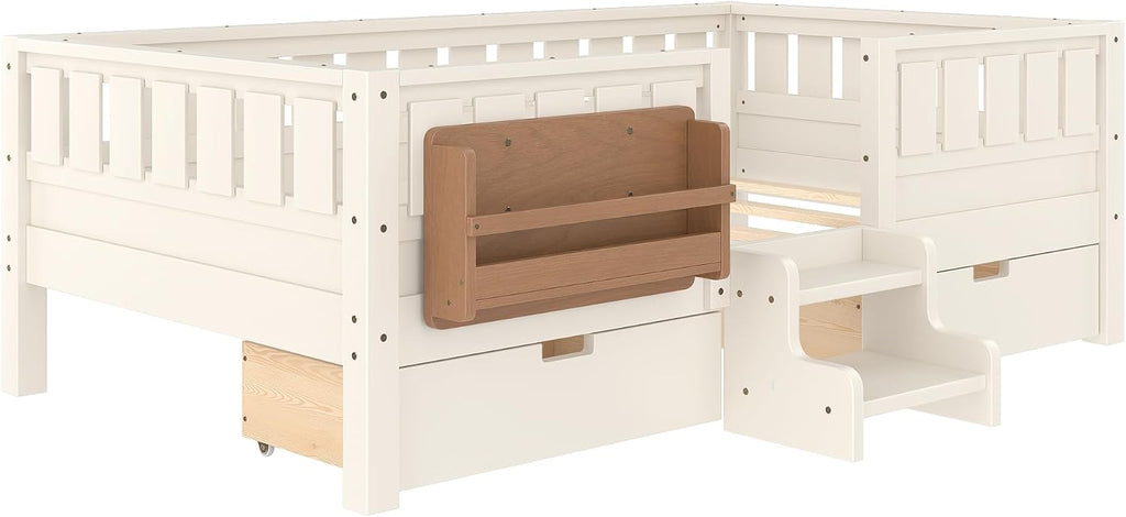 Bellemave Twin Montessori Bed with Stairs, Rails and Slats, Twin Size Montessori Floor Bed with Bookshelf and 2 Storage Drawers, Easy Assemble Beds Frame for Girls, Boys, Beige