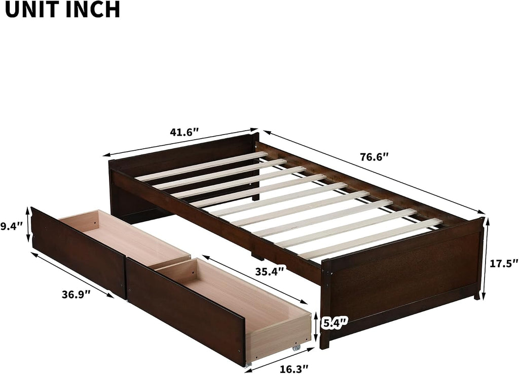 Bellemave Twin Kids Bed with Storage 2 Drawers, Wood Twin Daybed with Storage, BedFrames for Kids, Adults, Espresso