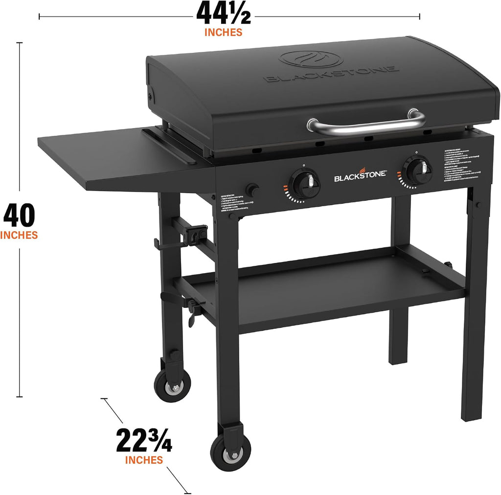 Blackstone Flat Top Gas Grill Griddle 2 Burner Propane Fuelled Rear Grease Management System with hood, Hood, Powder Coated Black, 1517